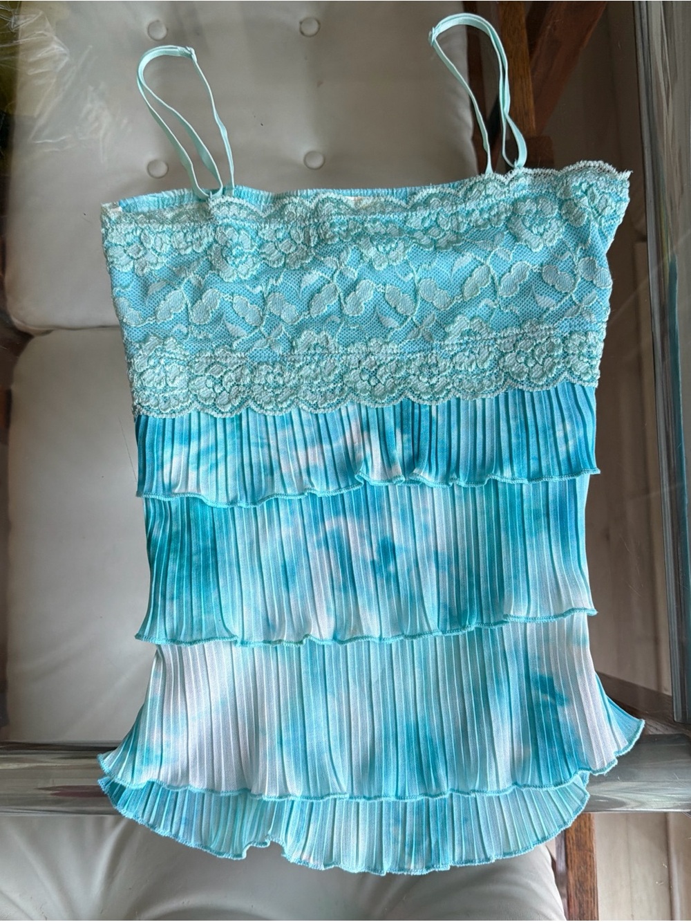 Light Aqua Pleated Cami with Lace Bodice